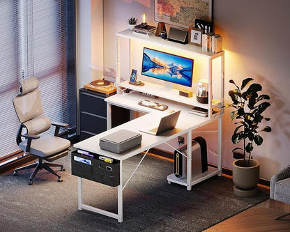 AODK L Shaped Desk Gaming Desk with LED Light & Power Outlet | 53 Inch White Reversible L Shaped Computer Table with Shelf, Corner Desk with Storage Bag&Hook for Home Office Desk