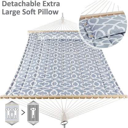 SUNCREAT Double Quilted Hammock with Hardwood Spreader Bar, Extra Large Soft Pillow, Heavy Duty 2 Person Hammock for Indoor, Outdoor, Grey Pattern