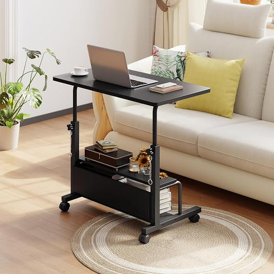 DUMOS Rolling Desk, Storage Shelves, Laptop Table, Home Office | Height Adjustable Design, Computer Desks on Wheels, Portable for Small Spaces Use, Black