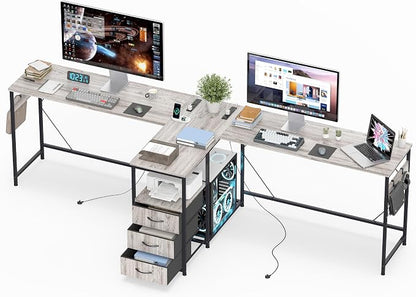 YOSHOOT 2 Person Computer Desk, 87" Long Gaming Desk for 2 People | Double Desk with 3 Fabric Drawers and 2 Power Outlets, Home Office Table for Adults and Teenagers, Grey