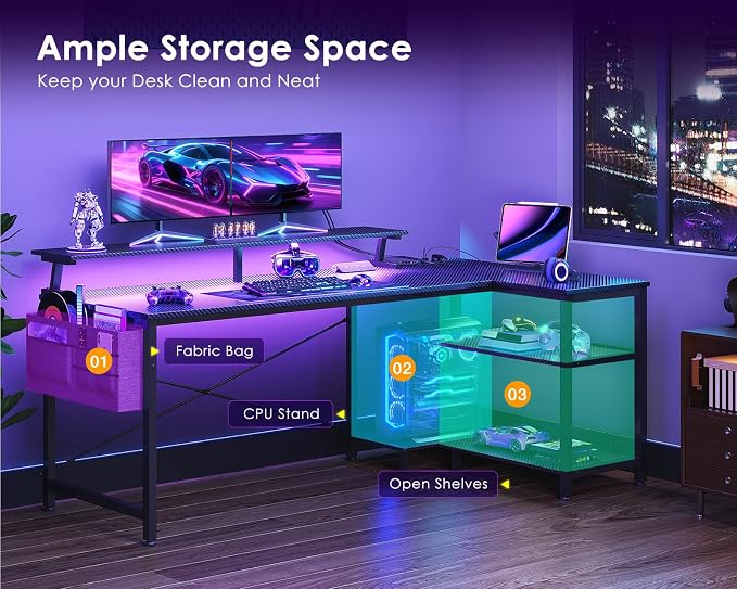 ODK 58 Inch L Shaped Gaming Desk with LED Lights, Power Outlets, Black | Adjustable Monitor Stand, Open Storage Shelves, Hanging Side Bag, PC Tower Stand, Reversible Layout for Gaming