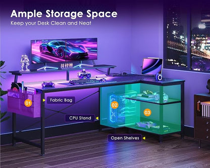 ODK 58 Inch L Shaped Gaming Desk with LED Lights, Power Outlets, Black | Adjustable Monitor Stand, Open Storage Shelves, Hanging Side Bag, PC Tower Stand, Reversible Layout for Gaming