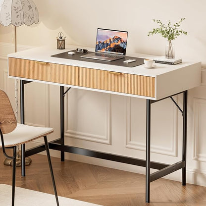 INNOD 45 Inch White Desk with Drawers, Small Writing Desks for Bedroom, Fluted Cute Desk with Storage for Vanity, Wood Computer Table for Living Room Small Spaces Home Office Study