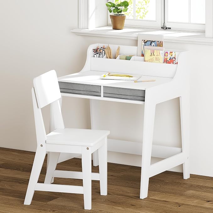 UTEX Wooden Kids Desk and Chair Set with 2 Fabrics Drawers for Study Room | Kids Study Desk with Stand-up Organizer, Water-based Paint, Student Writing Desk for Bedroom
