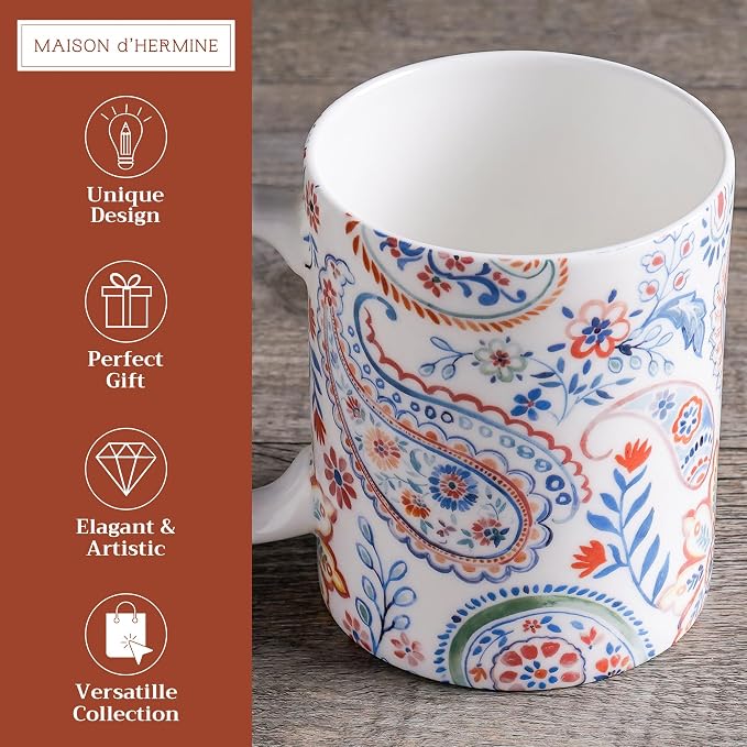 Maison d' Hermine Coffee Mug with Handles Tea Cups (15 Ounce, Pack of 1) | Fine Bone China Coffee Mugs for Hot Beverages Cappuccino Latte Home Restaurant Hotel Spring Summer -Indian Floral - Paisley