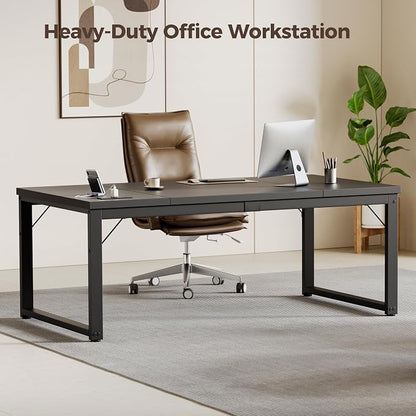 Mericonia 63x28 Inch Computer Desk w/Power Outlets, 1.2" Thick Office Table | Modern Simple Style, Heavy Duty Industrial Frame, Large Study & Writing Table for Home Bedroom Work, Black