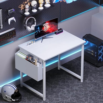 OLIXIS Small Computer Desk, 31 Inch Gaming Desks for Home Office | Writing Study Craft Work Table, Computer Workstation for Bedroom Small Spaces with Storage Bag, All White