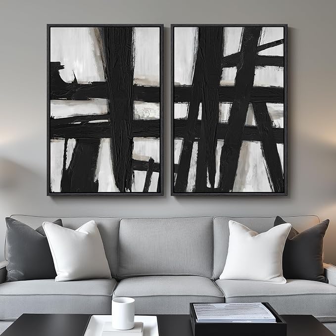 Large Framed Black and White Abstract Wall Art for Living Room, 2 Piece Modern Canvas Prints Wall Paintings Artwork for Walls, Minimalist Black Lines Pictures for Hallway Office Wall Decor 24x36 In
