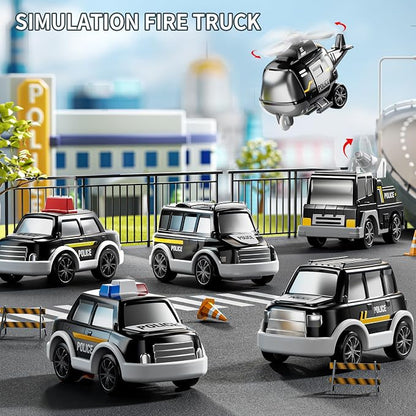 JUKUDAHU Police Truck Toy for 3-9 Years Old Boys & Girls - 7 in 1 Black Carrier Vehicle Set with 5 Toy Cars & 1 Helicopter, Friction Powered Car for Kids Age 1-3, Birthday Gifts for Toddlers 3-5