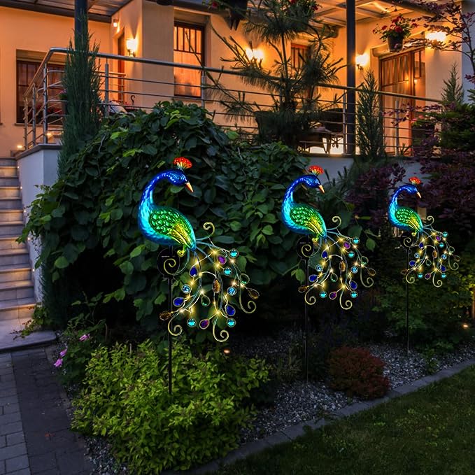 DREAMSOUL Metal Peacock Garden Solar Lights Outdoor Decorative Garden Stake Lights- Waterproof Peacock Solar Landscape LED Path Light Patio Yard Lawn Outside Decoration