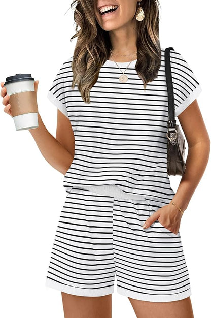 WIHOLL Two Piece Sets for Women Summer Lounge Short Sets Cap Sleeve Crew Neck Sweatsuit with Pocket XS-2XL
