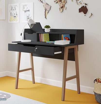 Roma Writing Desk - Elegant Wood Study Desk With Storage, Cable Holes & Drawers - Work Table for Home, Office, Dorm, Small Spaces - Compact Black Desk, 40x19x36.9” (black)