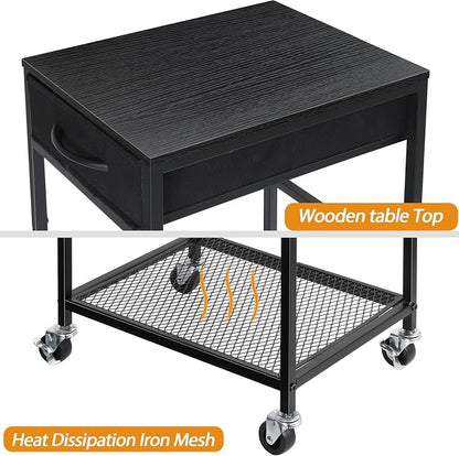 YBING PC Stand 2 Tier Computer Tower Stand with Drawer Mobile Computer Cart with Storage Metal CPU Holder on Wheels Pc Tower Stand Black Rolling Computer Tower Stand Floor for Office