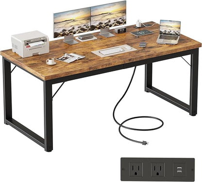 Mericonia 54 Inch Computer Desk with Power Outlets, 1.2" Thick Office Table | Modern Simple Style, Heavy Duty Industrial Frame, Study & Writing Table for Home Bedroom Work, Brown