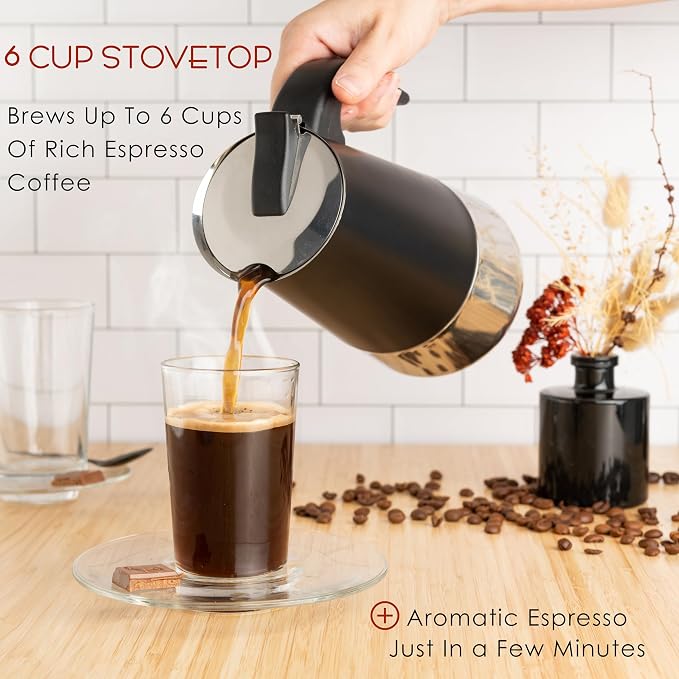 Mixpresso 6 Cup Greca Moka Pot, Stainless Steel Stovetop Espresso Maker | 300ml/10oz Italian stovetop coffee maker with classic percolator design, ideal for preparing coffee at home or while camping
