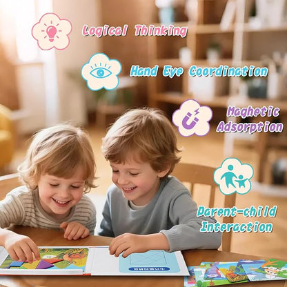 Magnetic Tangram for Kids Ages 4-8 with 30 Theme Pages & 368 Solutions Patterns Booklet & Metal Board, Magnetic Tangrams Puzzle for Kid, Magnet Tangrams Puzzle, Tangram for Kids Ages 4-8