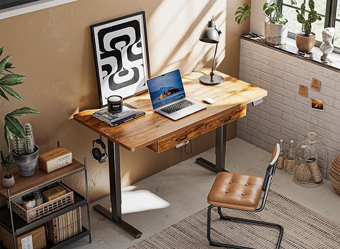 FEZIBO Adjustable Height Electric Standing Desk with Double Drawer, 55x 24 Inches Stand Up Home Office Desk with Splice Tabletop, Black Frame/Fir Brown Top