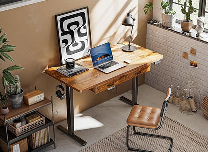 FEZIBO Adjustable Height Electric Standing Desk with Double Drawer, 55x 24 Inches Stand Up Home Office Desk with Splice Tabletop, Black Frame/Fir Brown Top