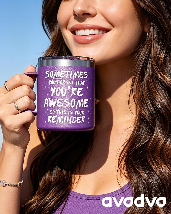 Inspirational Coffee Mug for Women, 12oz Insulated Stainless Steel Mug with Handle & 2 Lids – Sometimes You Forget You’re Awesome, Birthday & Appreciation Gift for Friend, Coworker, Purple