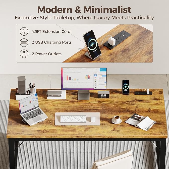 Mericonia 54 Inch Computer Desk with Power Outlets, 1.2" Thick Office Table | Modern Simple Style, Heavy Duty Industrial Frame, Study & Writing Table for Home Bedroom Work, Brown