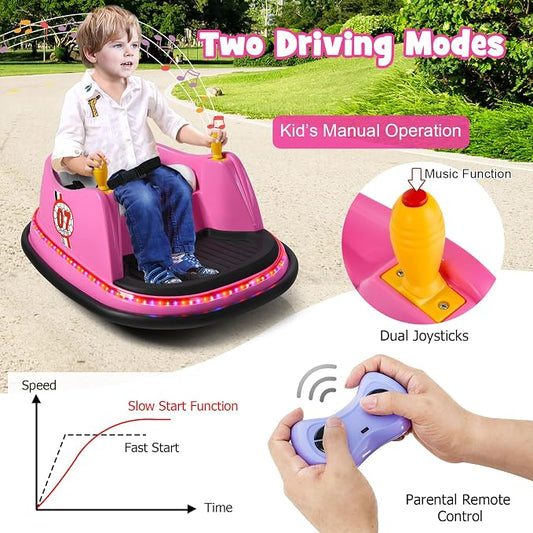 Costzon Bumper Car for Kids, 12V Electric Toddler Bumping Car with Remote Control, Dual Joysticks, 360 Spin, Music, Flashing Lights, Slow Star, Kids Bumper Car Ride on Toy for Boys Girls Gift (Pink)