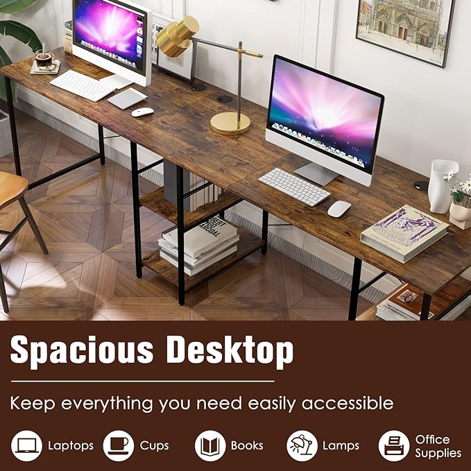 L-Shaped Home Office Desk, Corner Computer Desk w/Monitor Stand, Reversible PC Desk w/Heavy-Duty Metal Frame, Long Office Desk for 2 Person, Space-Saving Design (Rustic Brown)