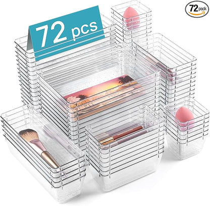 Vtopmart 72 PCS Clear Plastic Drawer Organizers Set, 4-Size Versatile Bathroom and Vanity Organizer Trays, Non-Slip Storage Containers for Makeup, Jewelries, Bedroom，Kitchen Utensils and Office | 4-Size Versatile Makeup Organizer, Non-Slip Storage Cont...