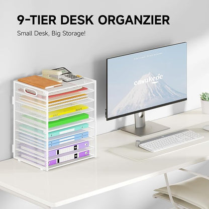 Cawukege 9 Tier Paper Organizer with Handle, Large Capacity Desk Organizer Mesh Paper Letter Tray File Folder Document Sorter for Classroom and Office Accessories Organization- White (2 Pack)