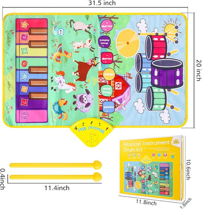 Musical Farm Animals Sounds Piano Mat for Kids, Educational Learning Toy | Sensory Interactive Floor Touch Play Mat with Drumset Dancing Keyboard Carpet for 3-12 Year Old Boy Girl Gifts