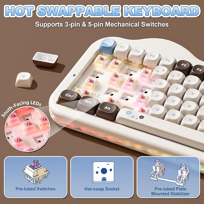 YUNZII C75 Cute 75% Wireless Mechanical Keyboard (Choco, Candy Switch) | Creamy Cake Keyboard, BT5.0/2.4G/USB-C, Hot-Swap, NKRO, PBT MOA Keycaps,5500mAh RGB Gasket Mount for Mac/Win/Gaming/Office