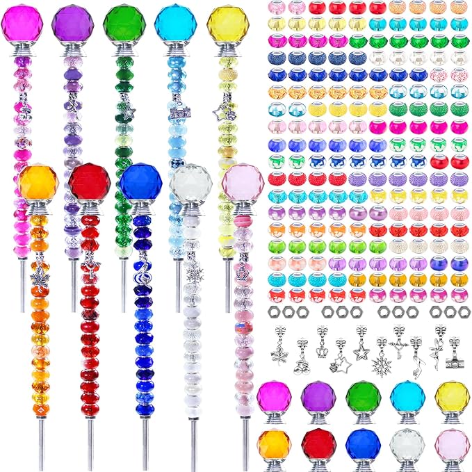 247 PCS Beaded Garden Stakes Kit, DIY Fairy Wand Garden Stake Beads Kits with Assortment Large Hole Beads 10 Crystal Stopper Top Threaded Rods and 10 Silver Pendants for Outdoor Indoor Decor