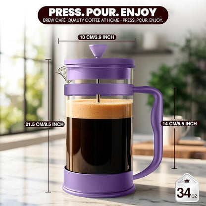 Utopia Kitchen Borosilicate Glass French Press Coffee Maker 34 Oz, Plum | Heat-Resistant Cafetiere & Tea Maker, Thickened Glass Coffee Press for Travel and Camping