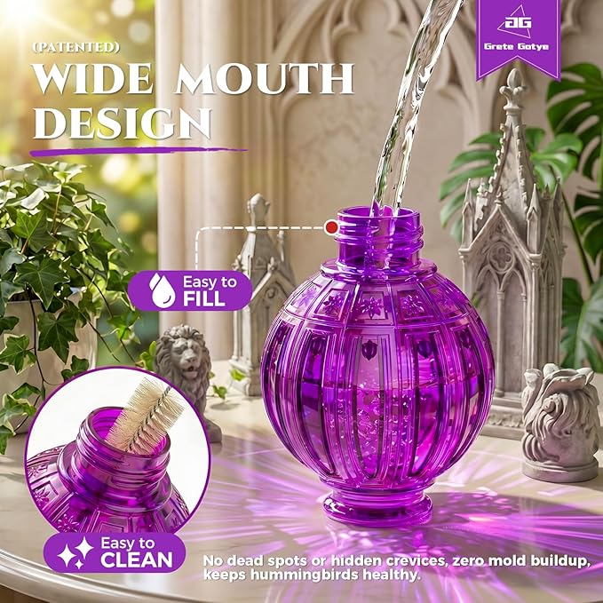 Glass Hummingbird Feeder for Outdoors Hanging, Bird Nectar Feeder with Perch & 5 Flower Feeding Ports, 26 Oz Leak Proof for Outside Garden Decor Backyard, Gifts for Women Mom, Purple
