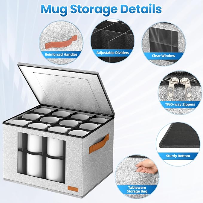 Foyego Cup and Mug Storage Box with 24 Dividers, Light Grey, 2-Layer | with Lid, Visible Window, Soft Handles, for Packing and Moving, Stackable Storage Containers for Coffee Mug Cups and Glasses