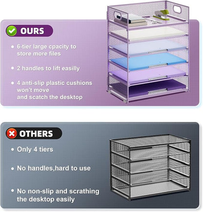 Marbrasse 6 Tier Paper Organizer Letter Tray - Mesh Desk File Organizer with Handle, Paper Sorter for Letter/A4 Office File Folder Holder - Purple