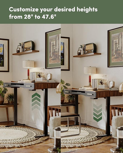BANTI 48" x 26" Electric Standing Desk, Mid-Century Modern Desk with 3 Drawers, Stand Up Home Office Desks, Vintage Top