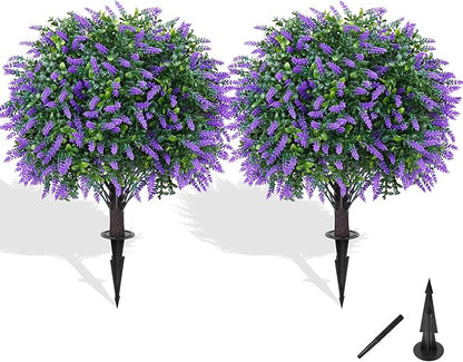 Artificial Boxwood Topiary Ball with Lavender, Set of 2 Artificial Shrub Bushes with Ground Spike, UV Resistant Fake Evergreen Plant Tree for Porch Outdoor Planters Indoor Valentine's Day