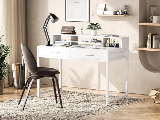 Computer Desk with Drawers, 47" Home Office Desk with Monitor Shelf, Writing Desk with Storage, Gaming Desk Work Desk Study Desk for Bedroom, White