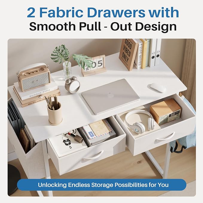 OLIXIS 32 Inch Gaming Desk, Computer Desk, Fabric Drawers | Side Bag Headphone Hook, Home Office Work Table, Writing Study Bedroom, Small Space, White