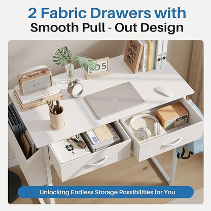 OLIXIS 32 Inch Gaming Desk, Computer Desk, Fabric Drawers | Side Bag Headphone Hook, Home Office Work Table, Writing Study Bedroom, Small Space, White