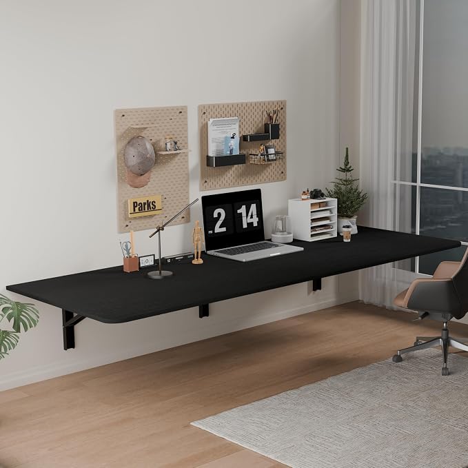 IAE 60x22in Floating Fold Desk,Wall-Mounted Folding Computer Table,Black | Study Table with Shelf Brackets,Foldable Down Shelf with Engineered Wood,Fold Computer Desk for Small Apartment,Holds 515 lb