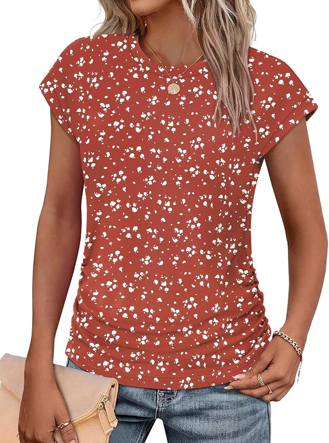 Sampeel Womens Summer Tops Trendy 2026 Ruched Cap Short Sleeve Tshirts Shirts Crew Neck T Shirts Fashion