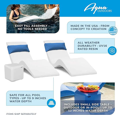 Classic White-Blue - in-Pool Chaise Set – Includes Two Chaises, Two Headrest Pillows, and One Poolside Table – for Ledges Up to 9” - Aqua Outdoors