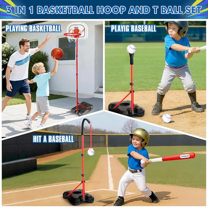 3-In-1 Kids Basketball Hoop and T Ball Set for Age 3-5 6-8, Adjustable Toddler Basketball Hoop, Hanging Tee Ball for Outdoor, Birthday Christmas Sport Toys Gift for Boys Girls 3 4 5 6 7 8 Year Olds