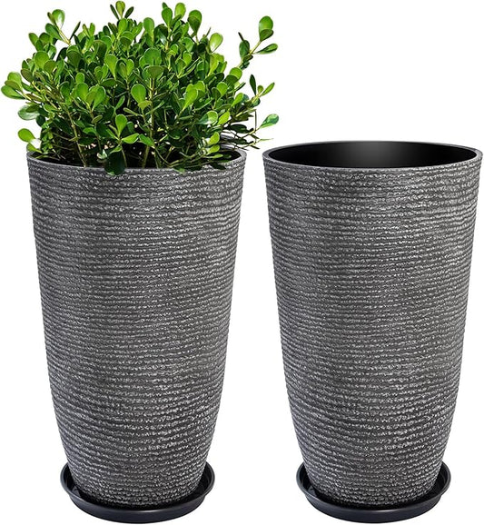 QCQHDU Large Tall Dark Gray Planters Set of 2-9 Gallon 12" Round Outdoor Planters for Front Door & Patio, Faux Stone Indoor Plant Pots with Tray, Porch Decor Plant Containers