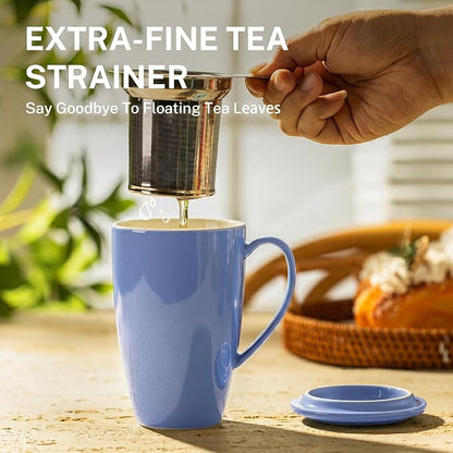 Sweese 15 OZ Porcelain Tea Mug with Infuser and Lid, Loose Leaf Tea Cup, Gifts for Tea Lover, Dusty Blue