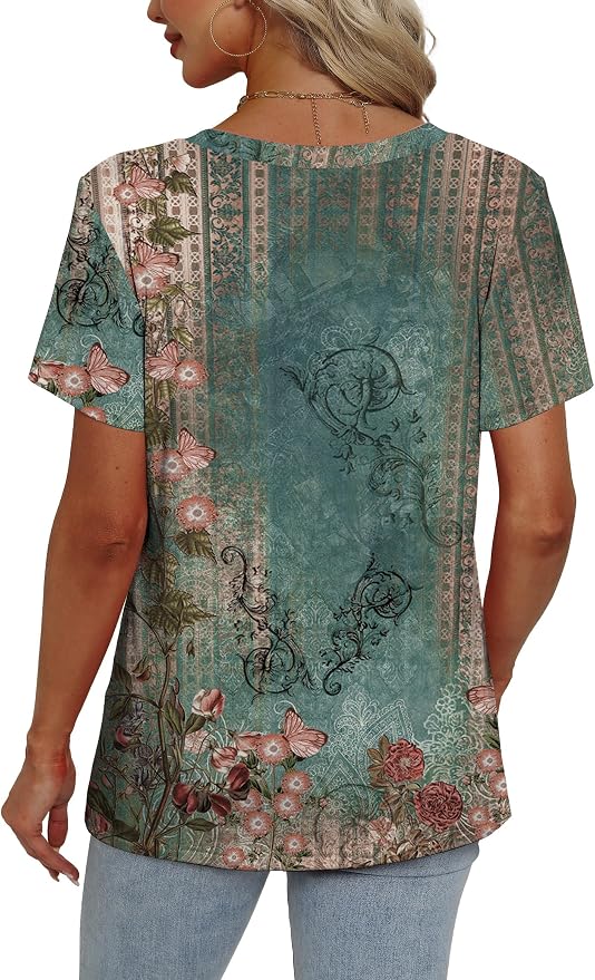 Alaroo Womens Summer Tops 2026 V Neck Short Sleeve Shirts Trendy Dressy Casual Vacation Outfits Printed