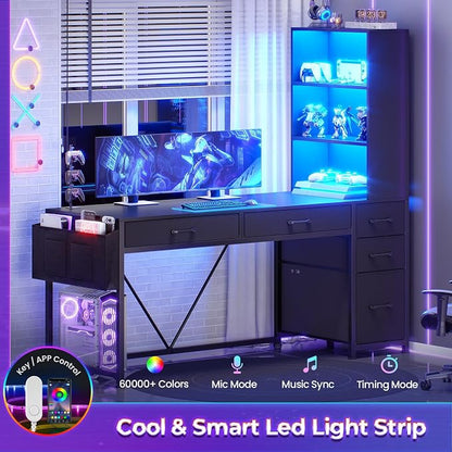 SEDETA Computer Gaming Desk with 5 Drawers and Bookshelf, Reversible Home Office Desk with Storage Shelves and File Drawer, Corner Desk with LED Lights for Small Spaces, Black