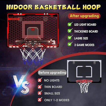HopeRock Indoor Basketball Hoop for Kids, Over The Door Mini Basketball Hoops, with LED Light, Scoreboard, Birthday Toys Gifts for 5 6 7 8 9 10 11 12+ Year Old Boys