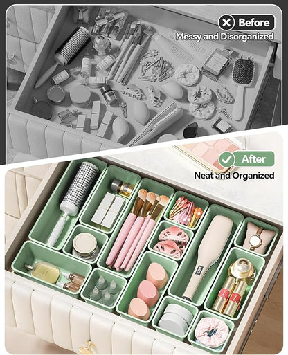 Canfanni 13 Pack Plastic Drawer Organizers Set, 3 Sizes Desk Drawer Organizer Trays for Vanity and Makeup Organizer, Organization and Storage for Makeup, Kitchen Utensils, Bathroom and Office(Green)